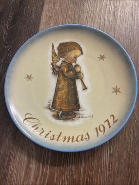 Hummel Beige and Blue Christmas Plate with Golden Angel